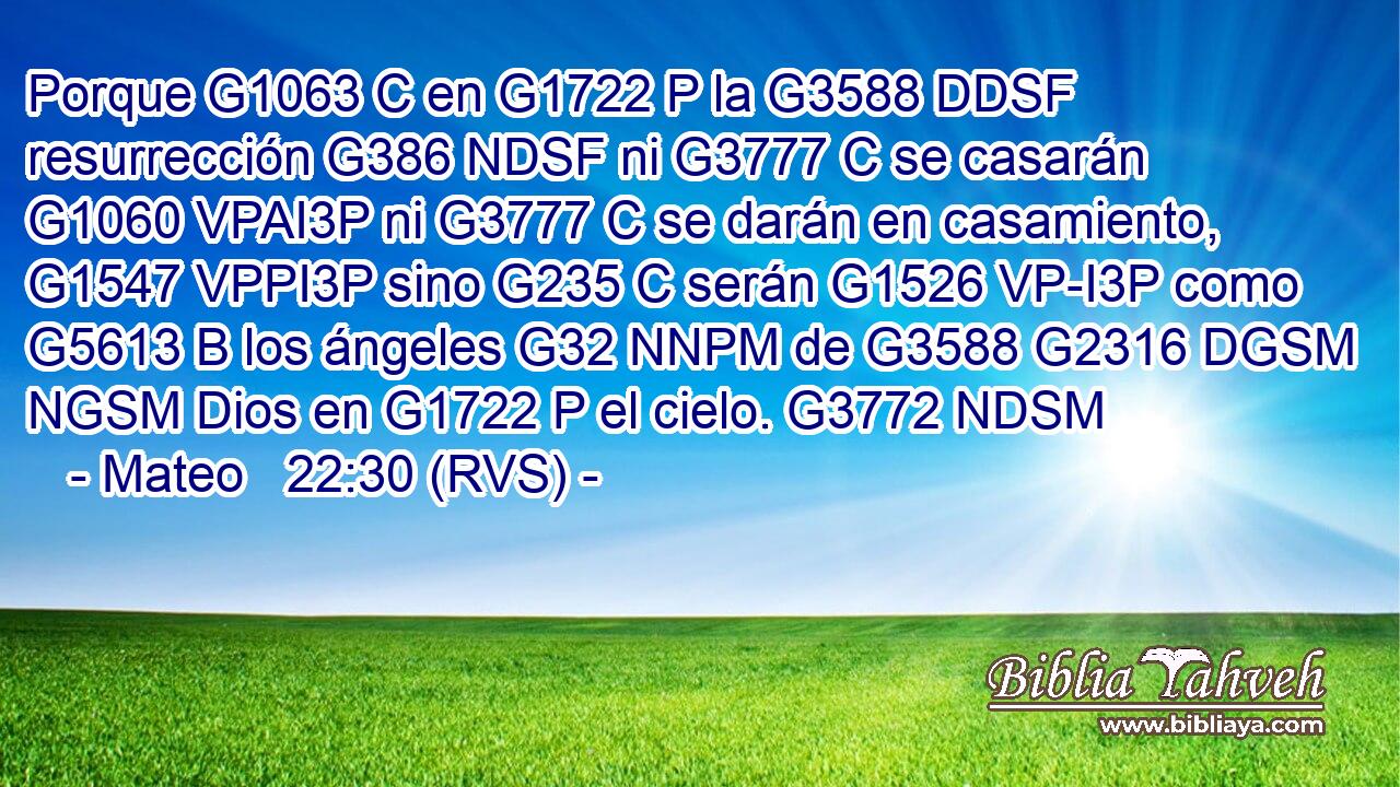 Porque G1063 C en G1722 P la G3588 DDSF resurrección G386 NDSF ni G3777 C se casarán G1060 VPAI3P ni G3777 C se darán en casamiento, G1547 VPPI3P sino G235 C serán G1526 VP-I3P como G5613 B los ángeles G32 NNPM de G3588 G2316 DGSM NGSM Dios en G1722 P el cielo. G3772 NDSM 