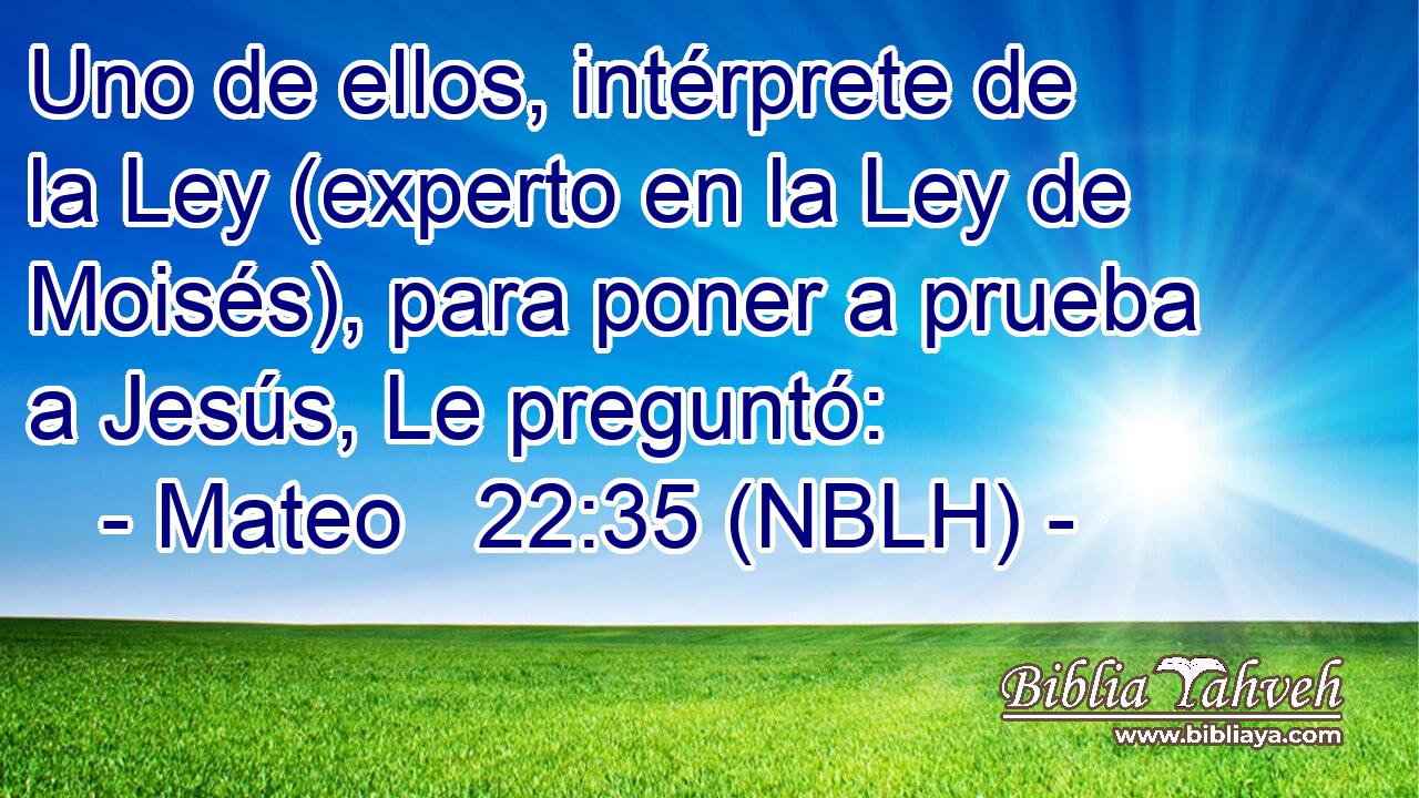  Uno de ellos, intérprete de la Ley (experto en la Ley de Moisés), para poner a prueba a Jesús, Le preguntó: 