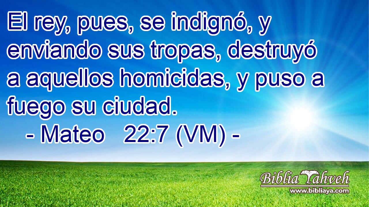  El rey, pues, se indignó, y enviando sus tropas, destruyó a aquellos homicidas, y puso a fuego su ciudad. 