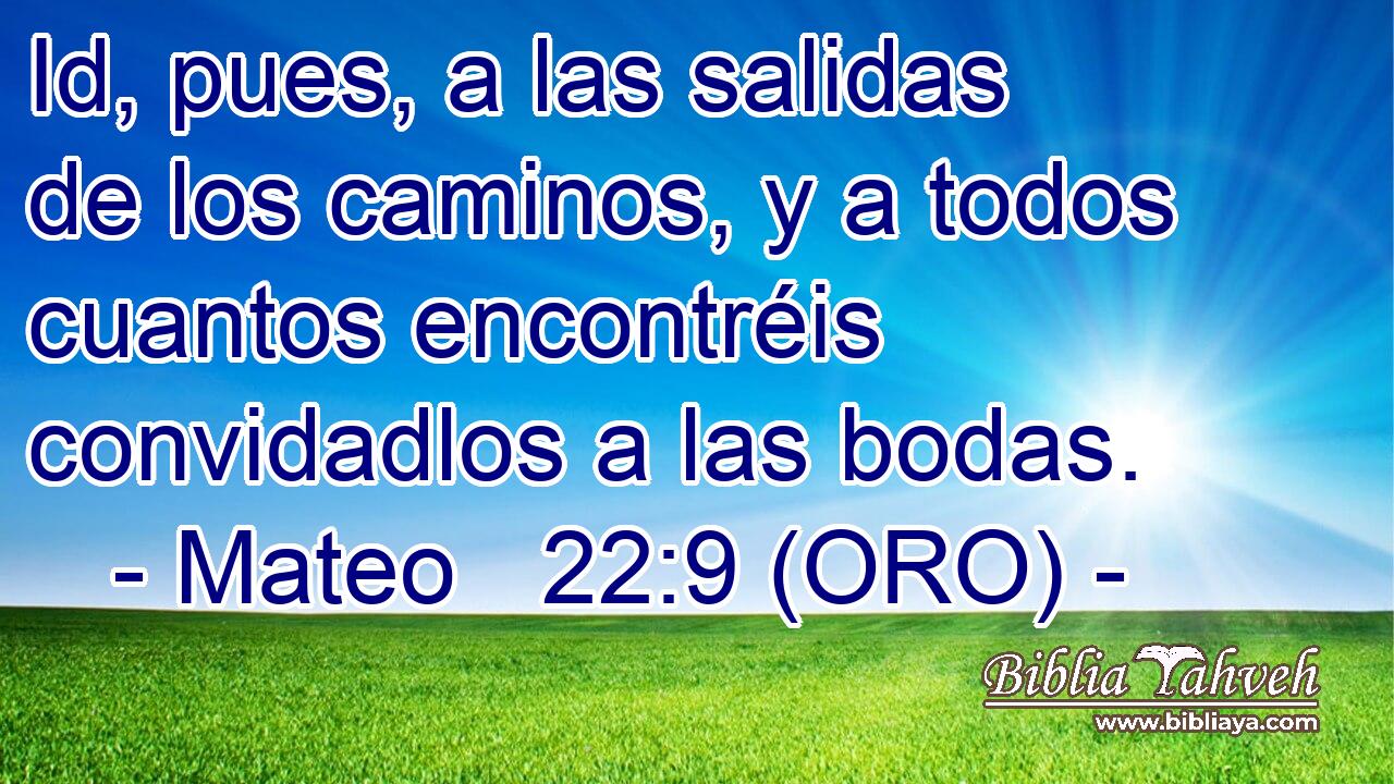  Id, pues, a las salidas de los caminos, y a todos cuantos encontréis convidadlos a las bodas. 