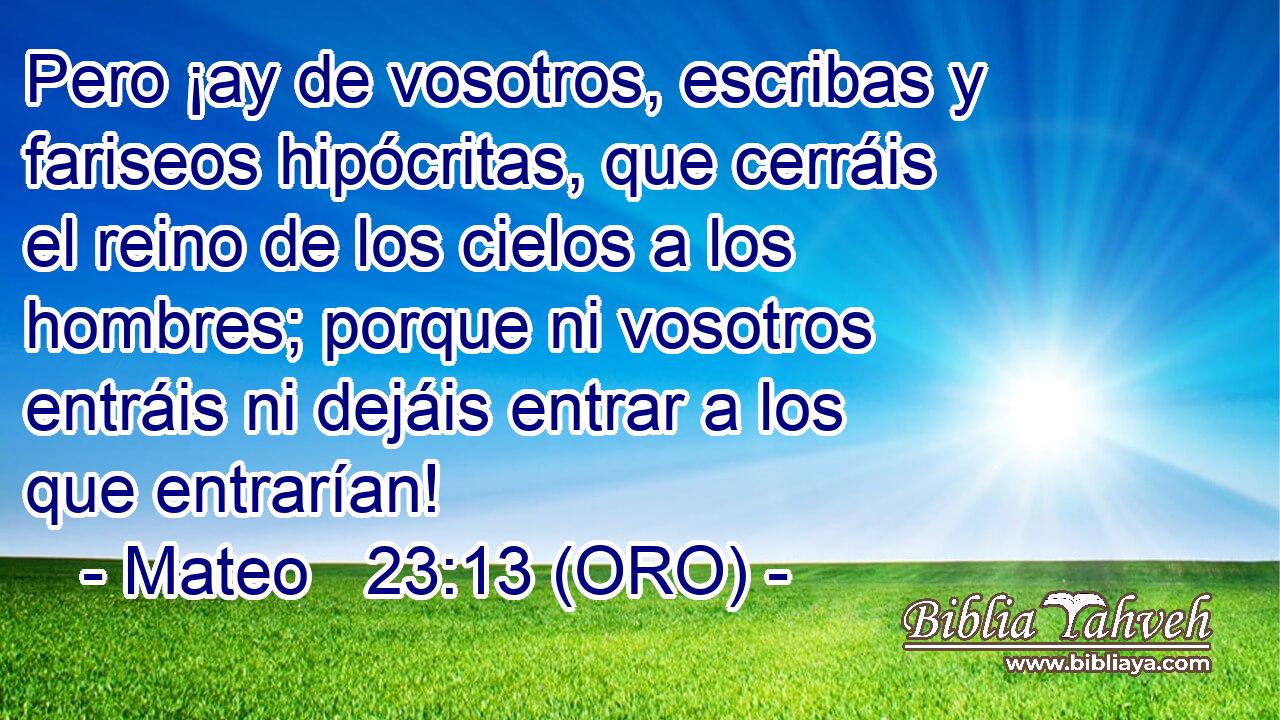  Pero ¡ay de vosotros, escribas y fariseos hipócritas, que cerráis el reino de los cielos a los hombres; porque ni vosotros entráis ni dejáis entrar a los que entrarían! 
