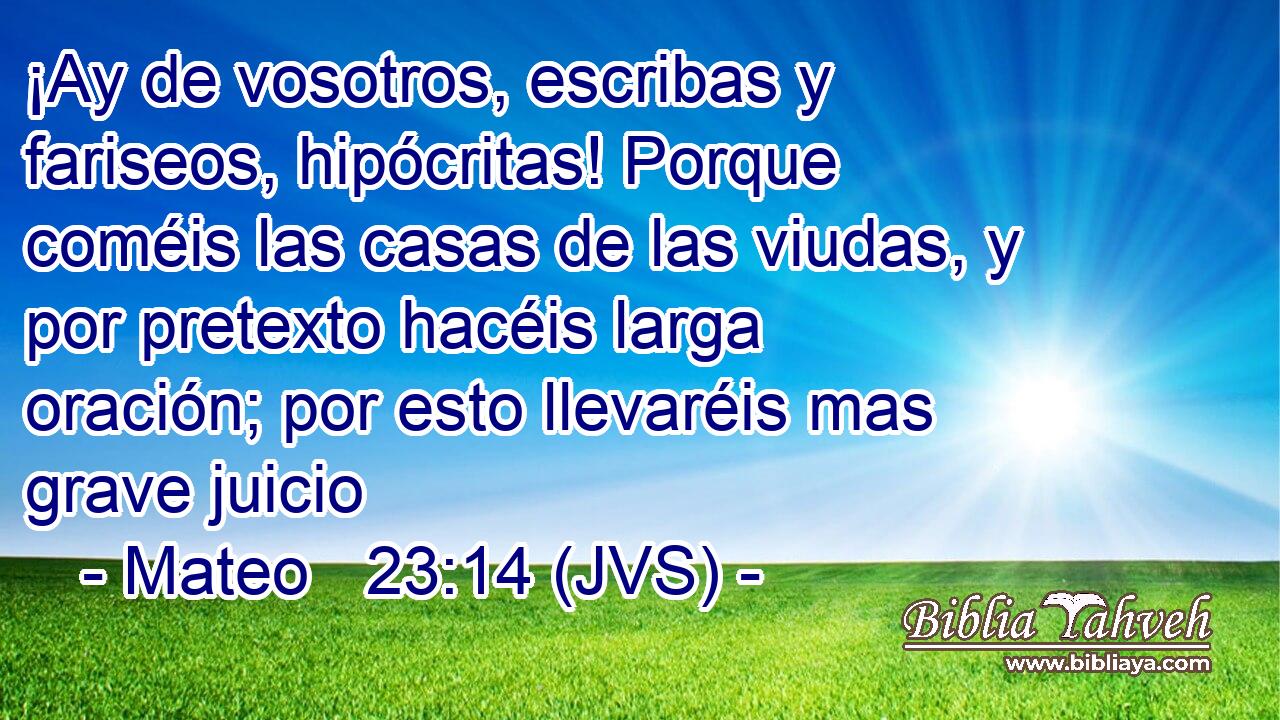 ¡Ay de vosotros, escribas y fariseos, hipócritas! Porque coméis las casas de las viudas, y por pretexto hacéis larga oración; por esto llevaréis mas grave juicio