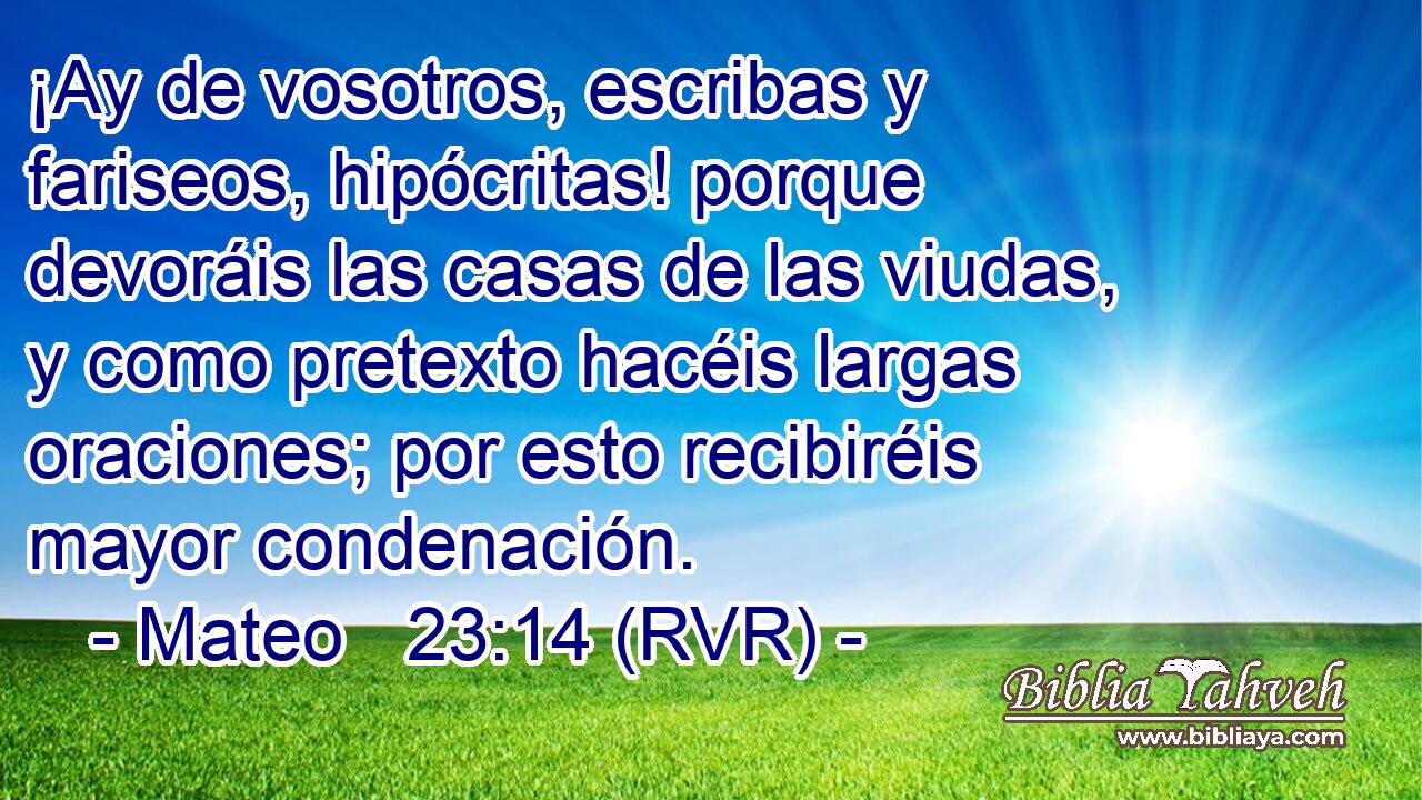 ¡Ay de vosotros, escribas y fariseos, hipócritas! porque devoráis las casas de las viudas, y como pretexto hacéis largas oraciones; por esto recibiréis mayor condenación.