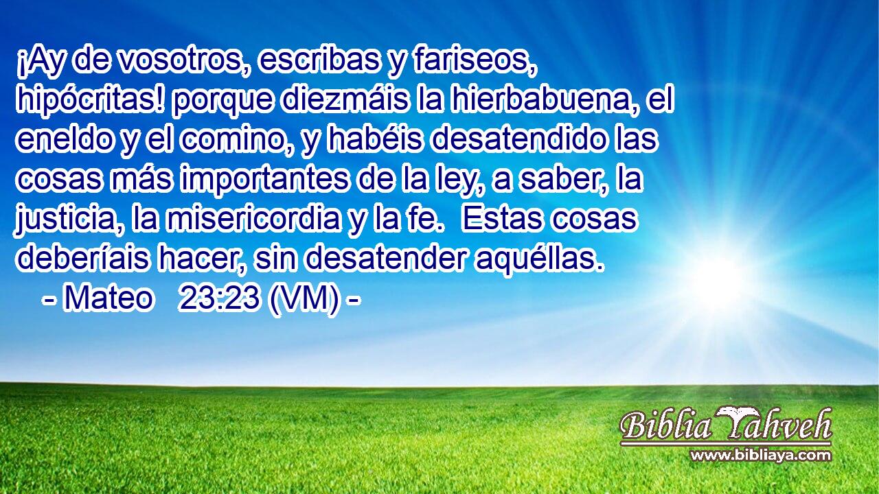  ¡Ay de vosotros, escribas y fariseos, hipócritas! porque diezmáis la hierbabuena, el eneldo y el comino, y habéis desatendido las cosas más importantes de la ley, a saber, la justicia, la misericordia y la fe.  Estas cosas deberíais hacer, sin desatender aquéllas. 