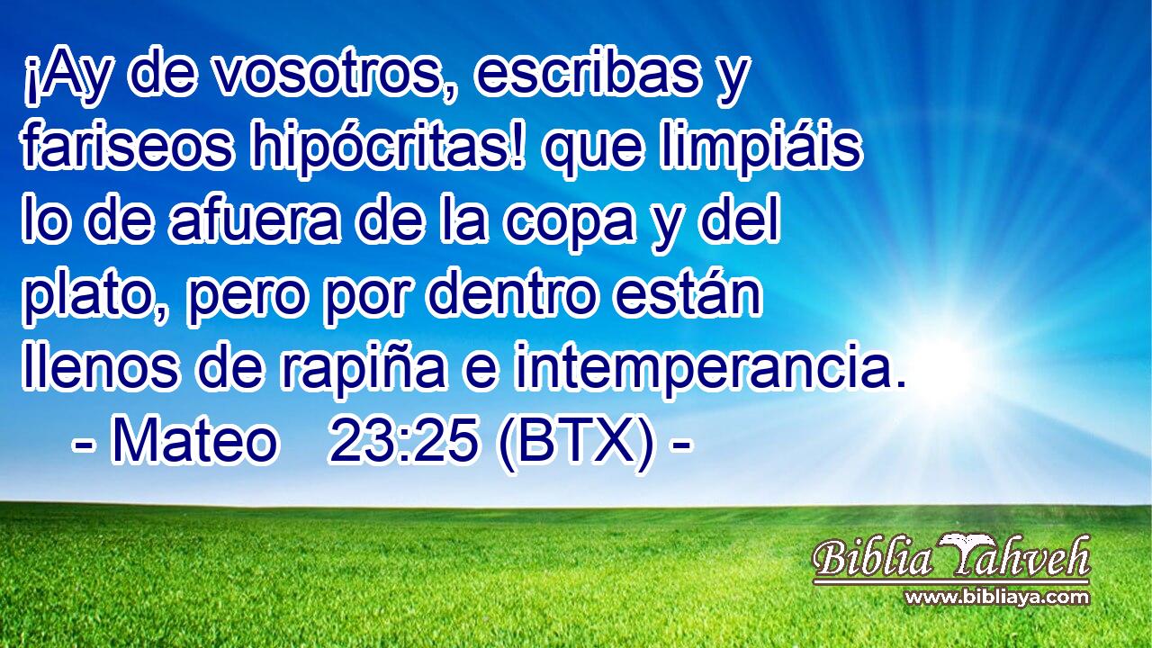 ¡Ay de vosotros, escribas y fariseos hipócritas! que limpiáis lo de afuera de la copa y del plato, pero por dentro están llenos de rapiña e intemperancia.