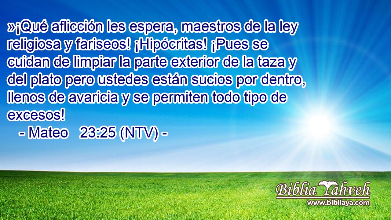 »¡Qué aflicción les espera, maestros de la ley religiosa y fariseos! ¡Hipócritas! ¡Pues se cuidan de limpiar la parte exterior de la taza y del plato pero ustedes están sucios por dentro, llenos de avaricia y se permiten todo tipo de excesos!
