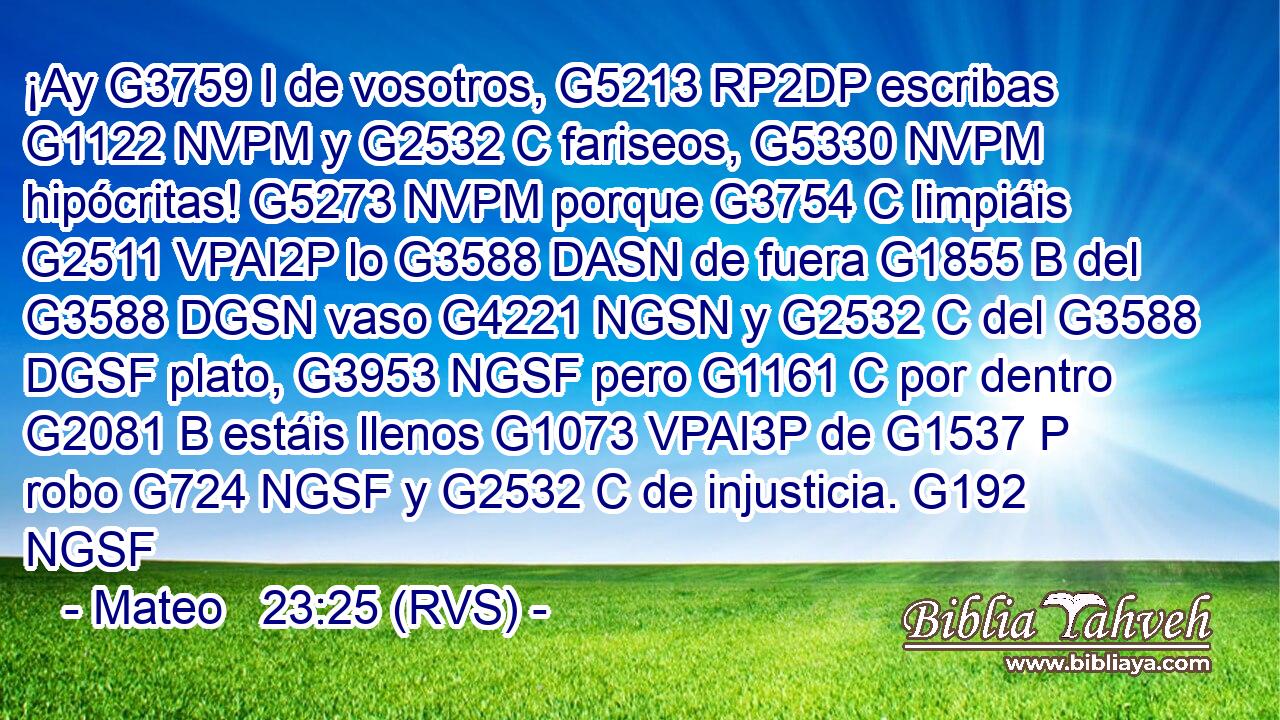 ¡Ay G3759 I de vosotros, G5213 RP2DP escribas G1122 NVPM y G2532 C fariseos, G5330 NVPM hipócritas! G5273 NVPM porque G3754 C limpiáis G2511 VPAI2P lo G3588 DASN de fuera G1855 B del G3588 DGSN vaso G4221 NGSN y G2532 C del G3588 DGSF plato, G3953 NGSF pero G1161 C por dentro G2081 B estáis llenos G1073 VPAI3P de G1537 P robo G724 NGSF y G2532 C de injusticia. G192 NGSF 