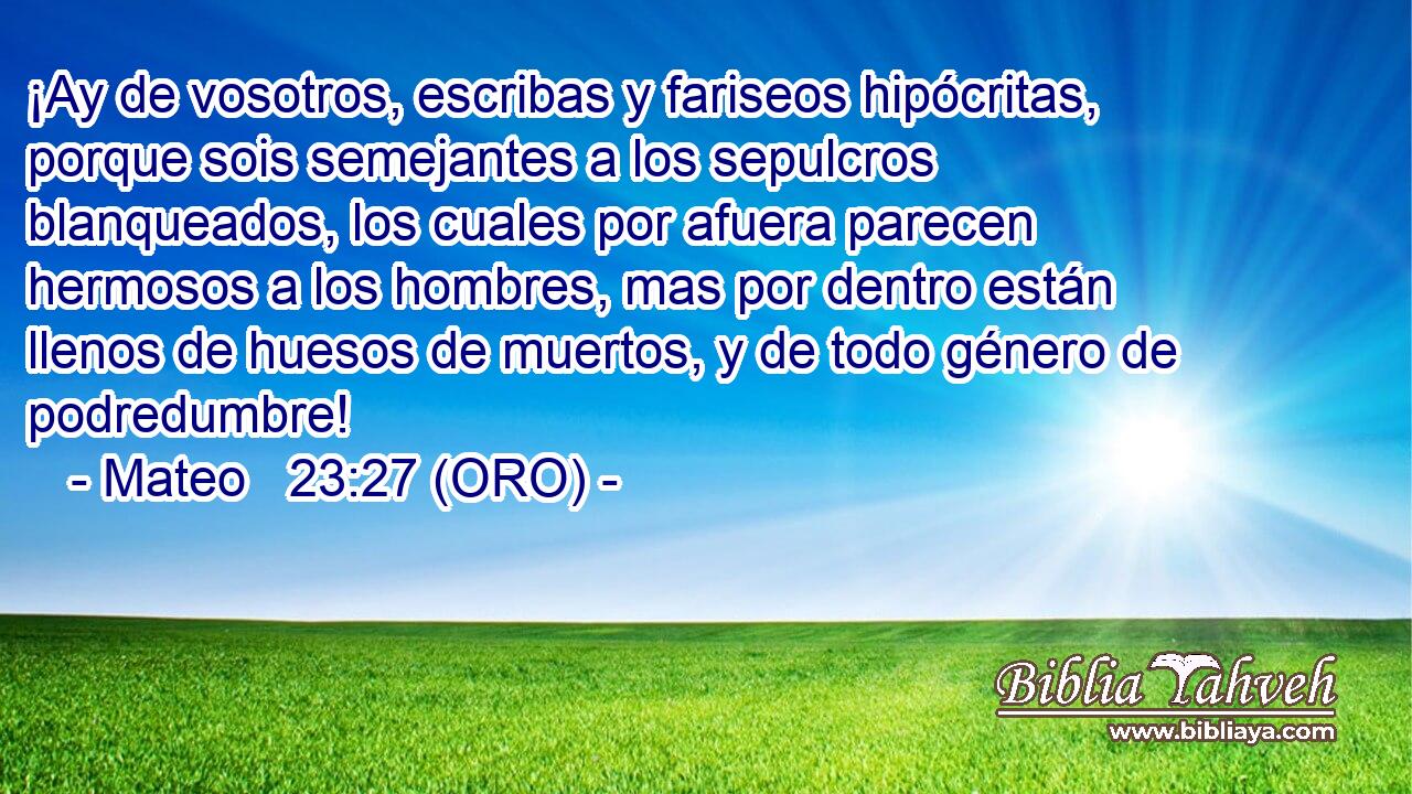  ¡Ay de vosotros, escribas y fariseos hipócritas, porque sois semejantes a los sepulcros blanqueados, los cuales por afuera parecen hermosos a los hombres, mas por dentro están llenos de huesos de muertos, y de todo género de podredumbre! 