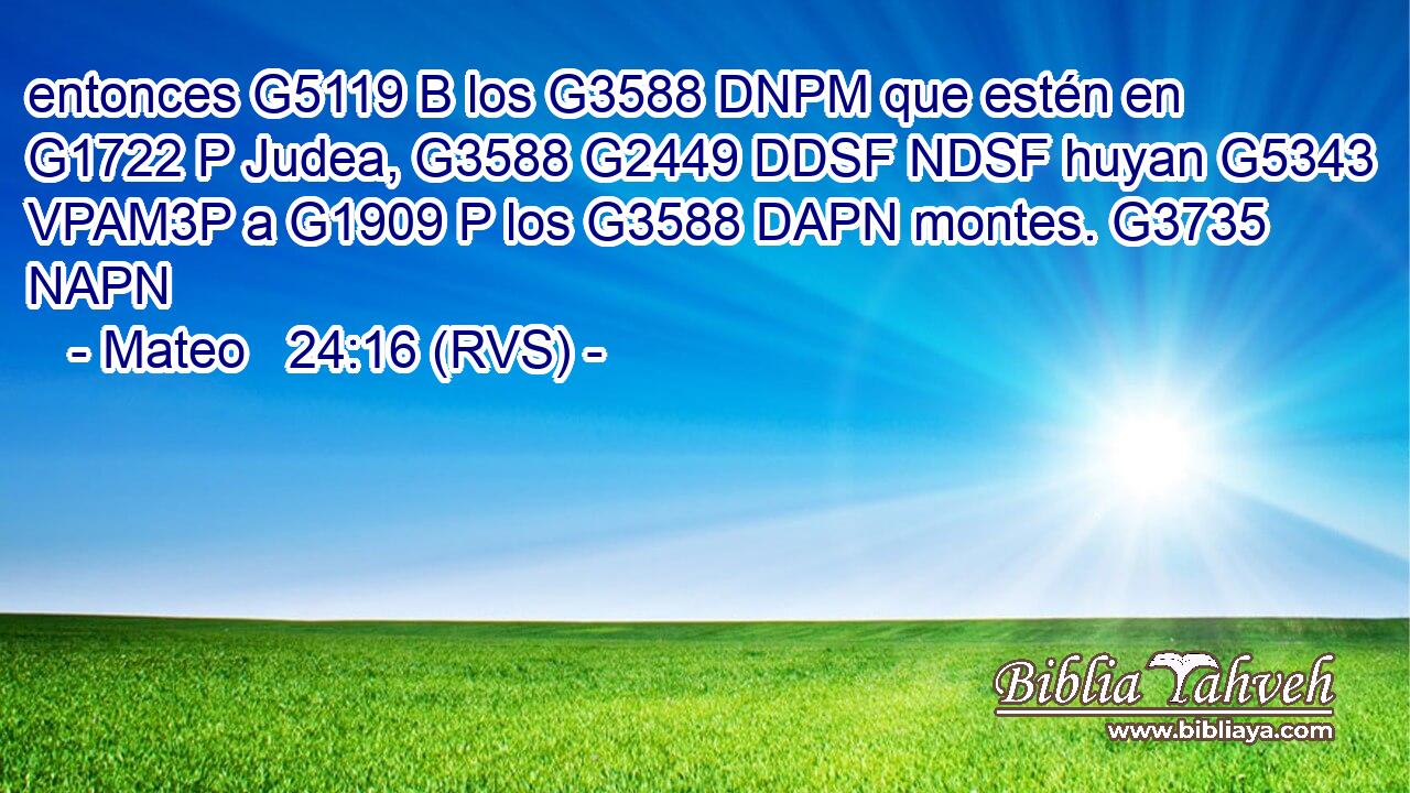 entonces G5119 B los G3588 DNPM que estén en G1722 P Judea, G3588 G2449 DDSF NDSF huyan G5343 VPAM3P a G1909 P los G3588 DAPN montes. G3735 NAPN 