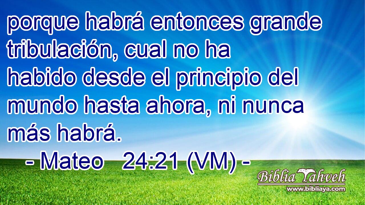 porque habrá entonces grande tribulación, cual no ha habido desde el principio del mundo hasta ahora, ni nunca más habrá. 