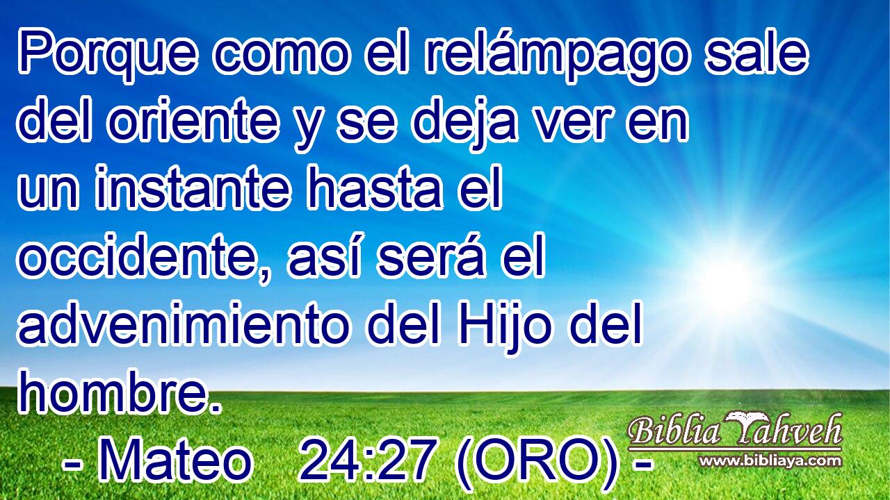  Porque como el relámpago sale del oriente y se deja ver en un instante hasta el occidente, así será el advenimiento del Hijo del hombre. 