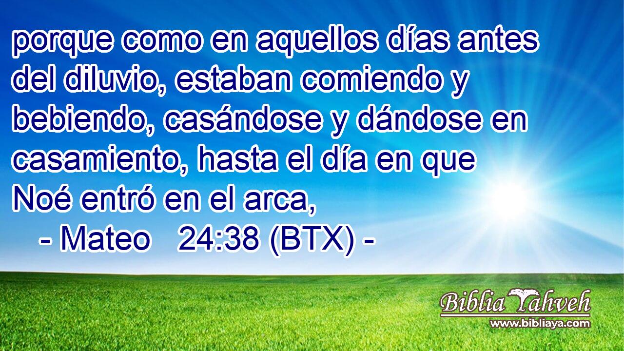 porque como en aquellos días antes del diluvio, estaban comiendo y bebiendo, casándose y dándose en casamiento, hasta el día en que Noé entró en el arca,