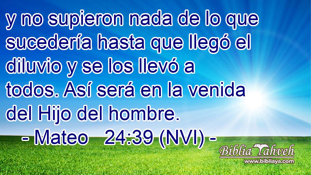  y no supieron nada de lo que sucedería hasta que llegó el diluvio y se los llevó a todos. Así será en la venida del Hijo del hombre. 