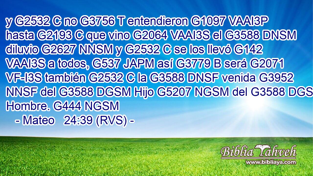 y G2532 C no G3756 T entendieron G1097 VAAI3P hasta G2193 C que vino G2064 VAAI3S el G3588 DNSM diluvio G2627 NNSM y G2532 C se los llevó G142 VAAI3S a todos, G537 JAPM así G3779 B será G2071 VF-I3S también G2532 C la G3588 DNSF venida G3952 NNSF del G3588 DGSM Hijo G5207 NGSM del G3588 DGSM Hombre. G444 NGSM 