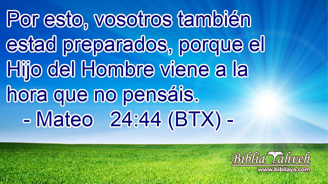Por esto, vosotros también estad preparados, porque el Hijo del Hombre viene a la hora que no pensáis.
