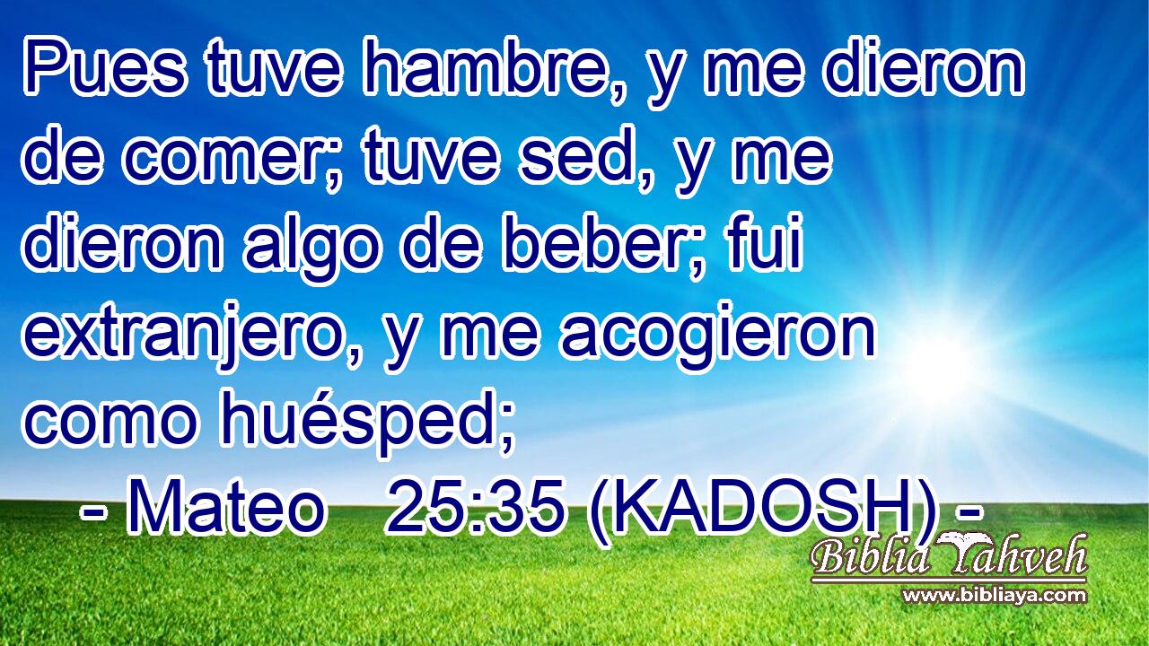 Pues tuve hambre, y me dieron de comer; tuve sed, y me dieron algo de beber; fui extranjero, y me acogieron como huésped; 