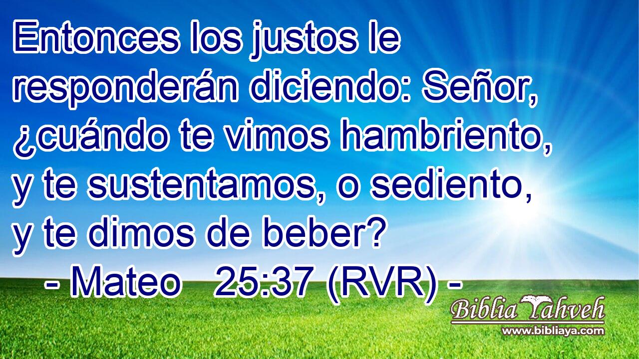Entonces los justos le responderán diciendo: Señor, ¿cuándo te vimos hambriento, y te sustentamos, o sediento, y te dimos de beber?
