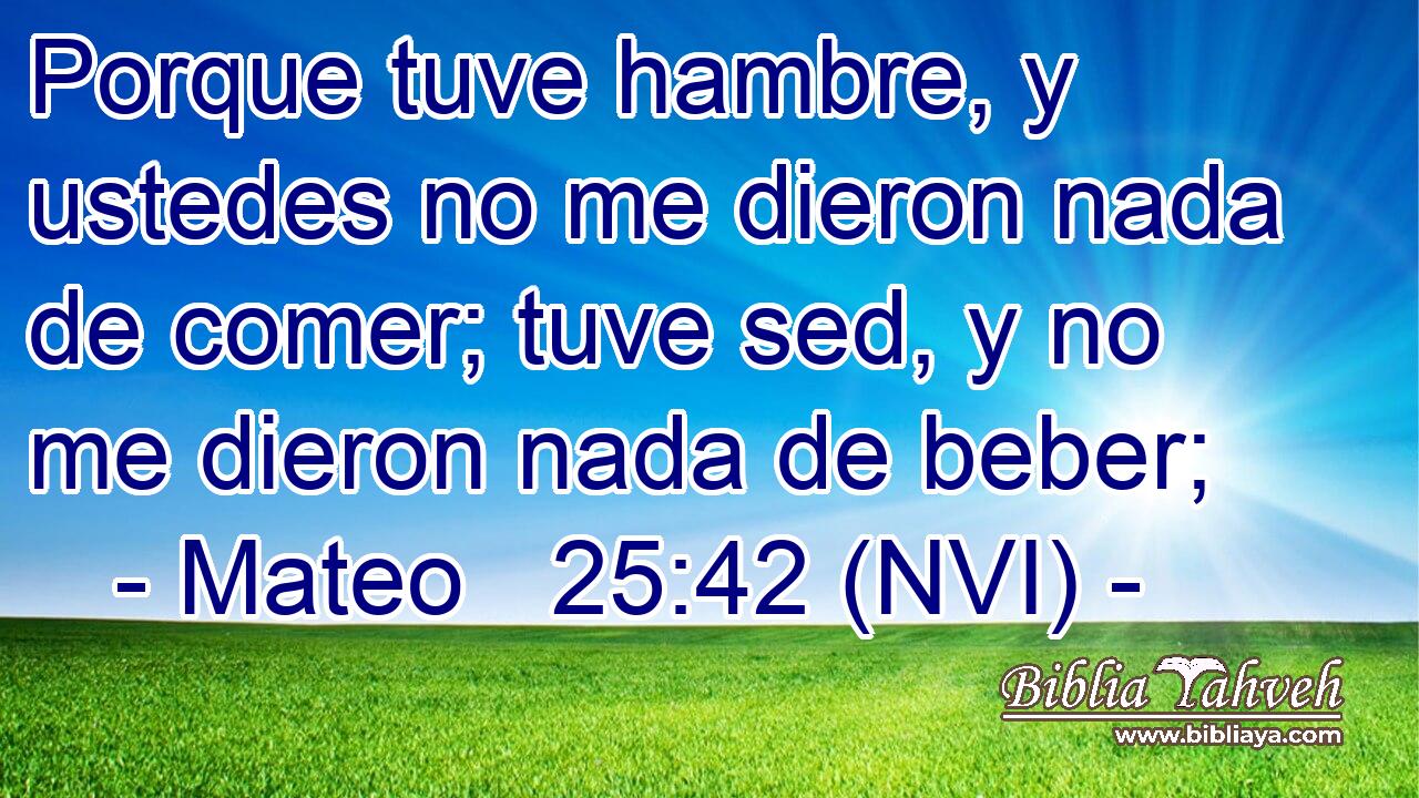  Porque tuve hambre, y ustedes no me dieron nada de comer; tuve sed, y no me dieron nada de beber; 