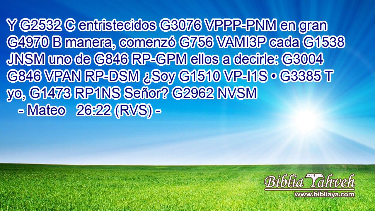 Y G2532 C entristecidos G3076 VPPP-PNM en gran G4970 B manera, comenzó G756 VAMI3P cada G1538 JNSM uno de G846 RP-GPM ellos a decirle: G3004 G846 VPAN RP-DSM ¿Soy G1510 VP-I1S • G3385 T yo, G1473 RP1NS Señor? G2962 NVSM 