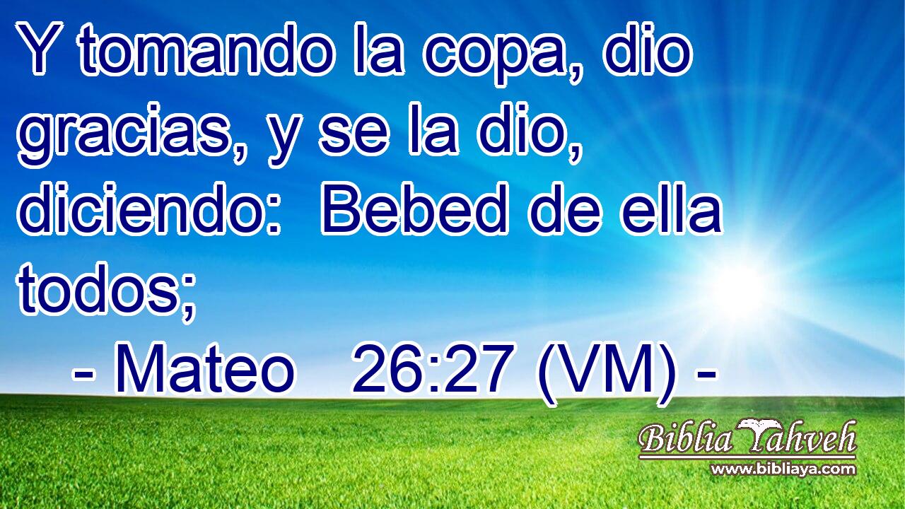  Y tomando la copa, dio gracias, y se la dio, diciendo:  Bebed de ella todos; 