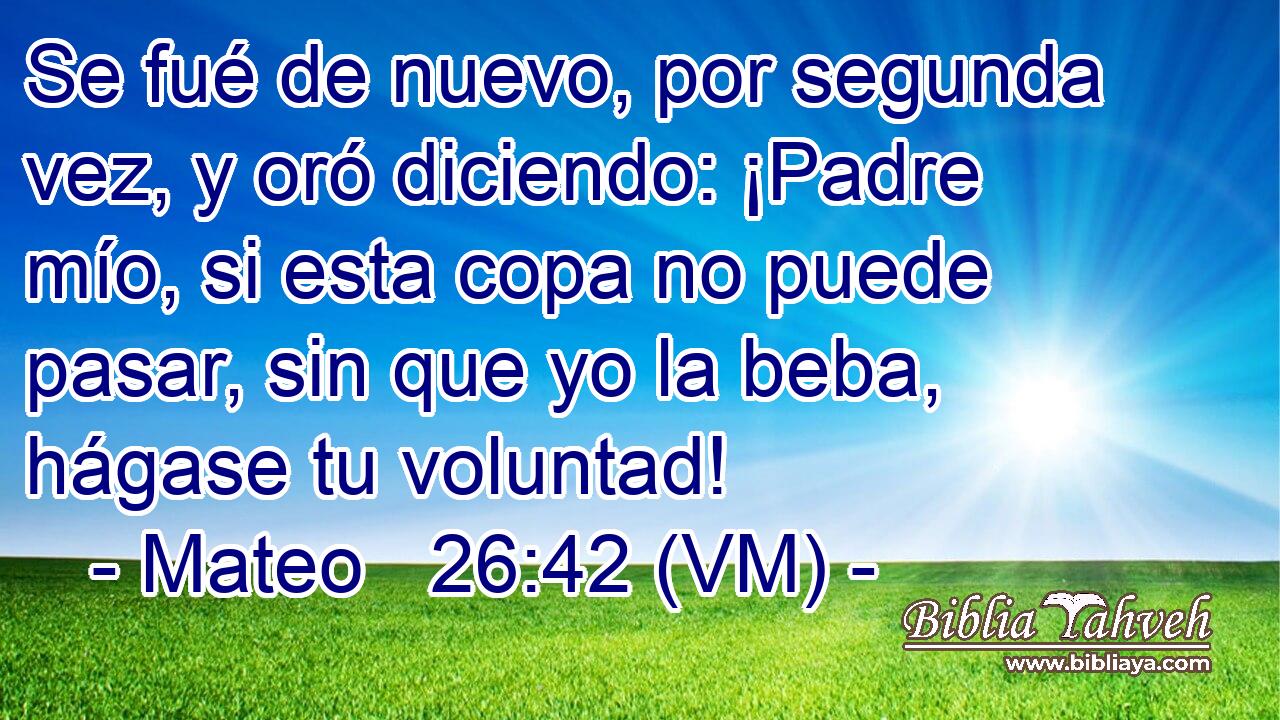  Se fué de nuevo, por segunda vez, y oró diciendo: ¡Padre mío, si esta copa no puede pasar, sin que yo la beba, hágase tu voluntad! 
