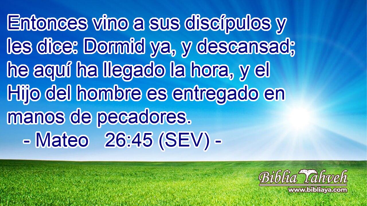 Entonces vino a sus discípulos y les dice: Dormid ya, y descansad; he aquí ha llegado la hora, y el Hijo del hombre es entregado en manos de pecadores.