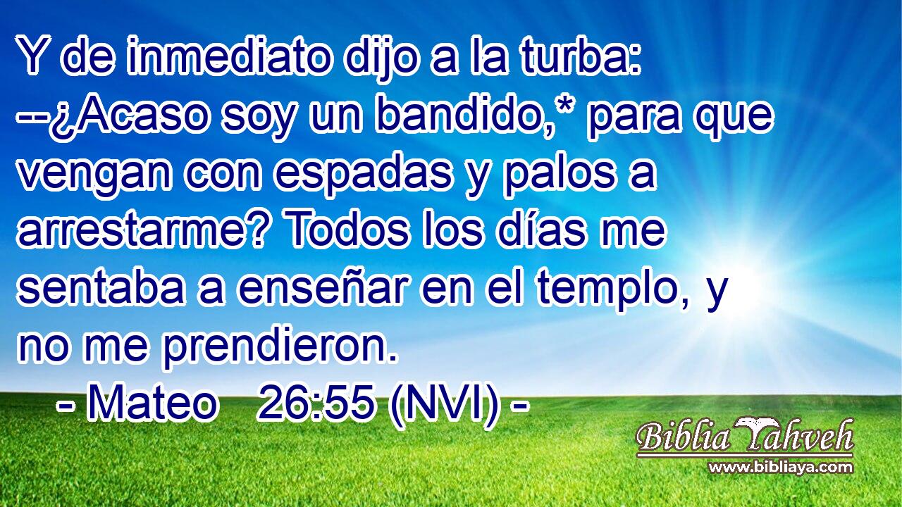  Y de inmediato dijo a la turba: --¿Acaso soy un bandido,* para que vengan con espadas y palos a arrestarme? Todos los días me sentaba a enseñar en el templo, y no me prendieron. 