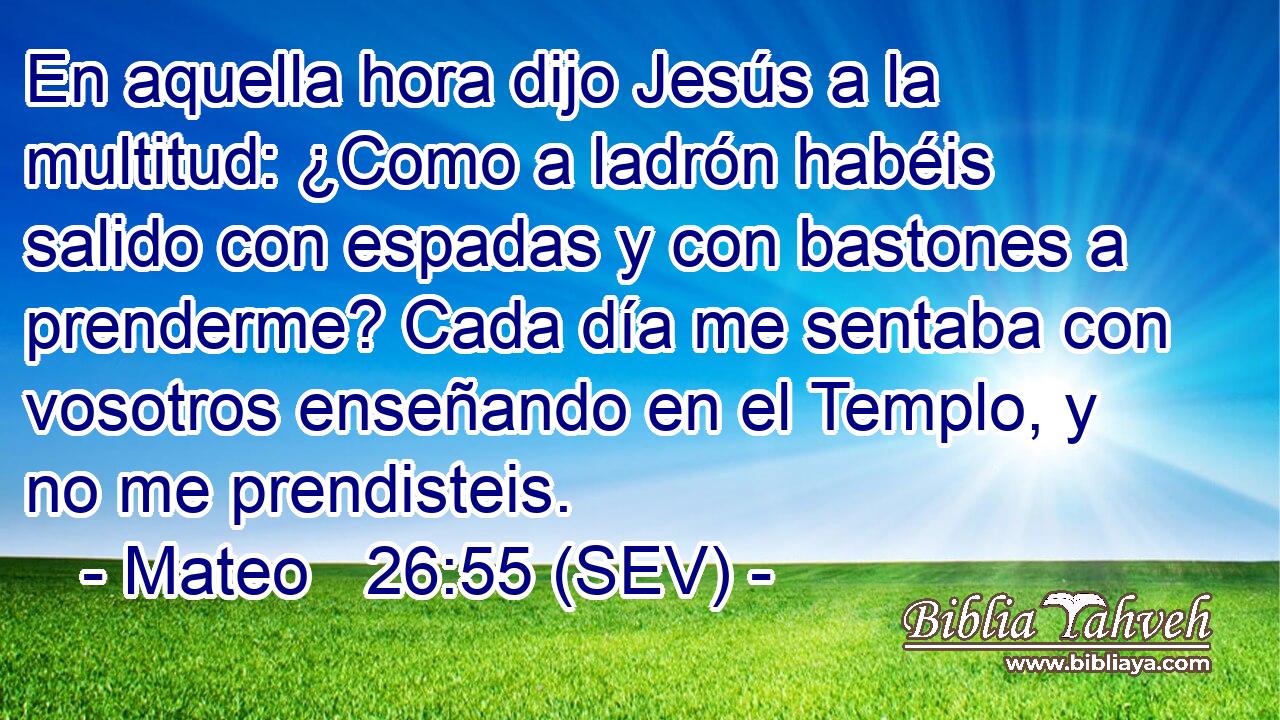 En aquella hora dijo Jesús a la multitud: ¿Como a ladrón habéis salido con espadas y con bastones a prenderme? Cada día me sentaba con vosotros enseñando en el Templo, y no me prendisteis.