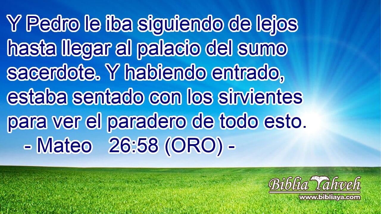  Y Pedro le iba siguiendo de lejos hasta llegar al palacio del sumo sacerdote. Y habiendo entrado, estaba sentado con los sirvientes para ver el paradero de todo esto. 
