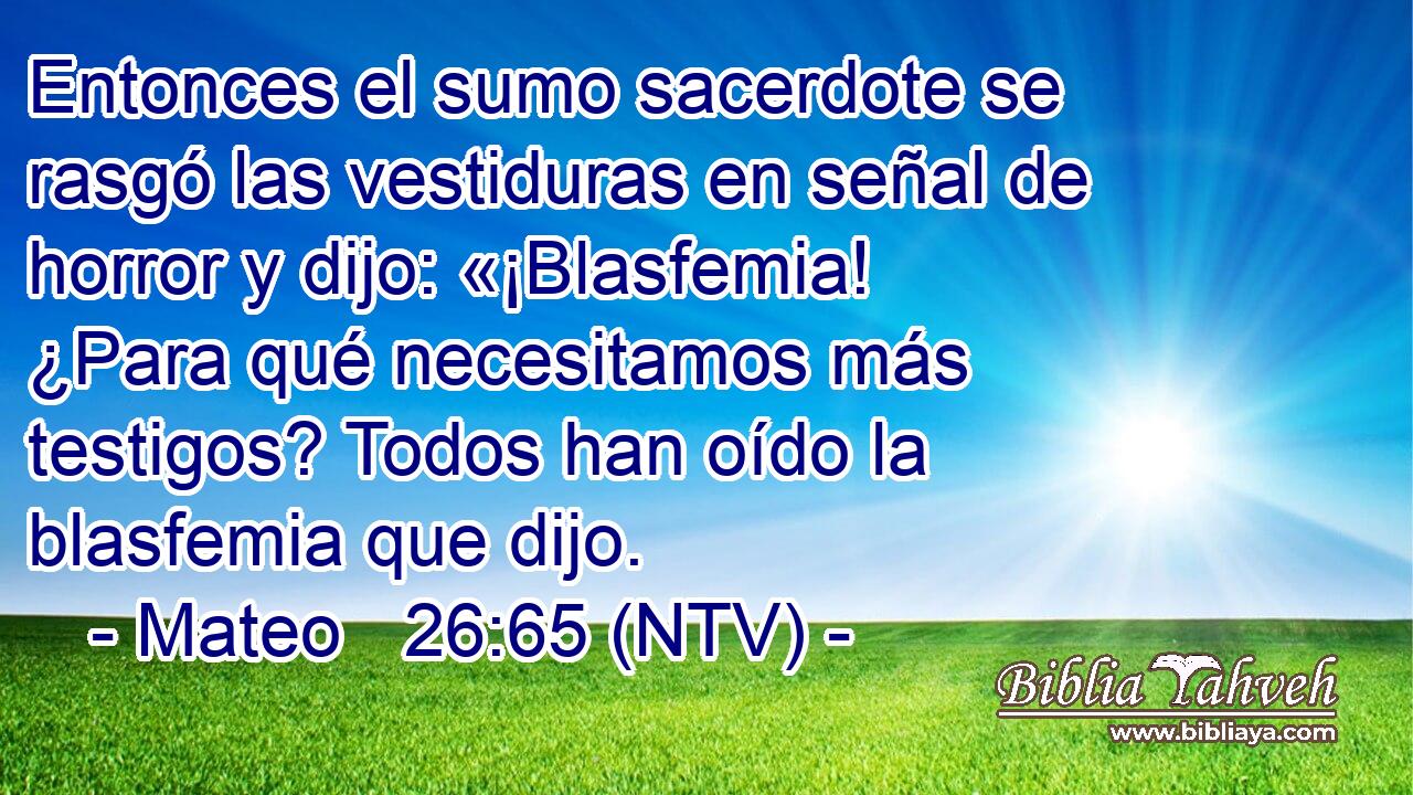 Entonces el sumo sacerdote se rasgó las vestiduras en señal de horror y dijo: «¡Blasfemia! ¿Para qué necesitamos más testigos? Todos han oído la blasfemia que dijo.