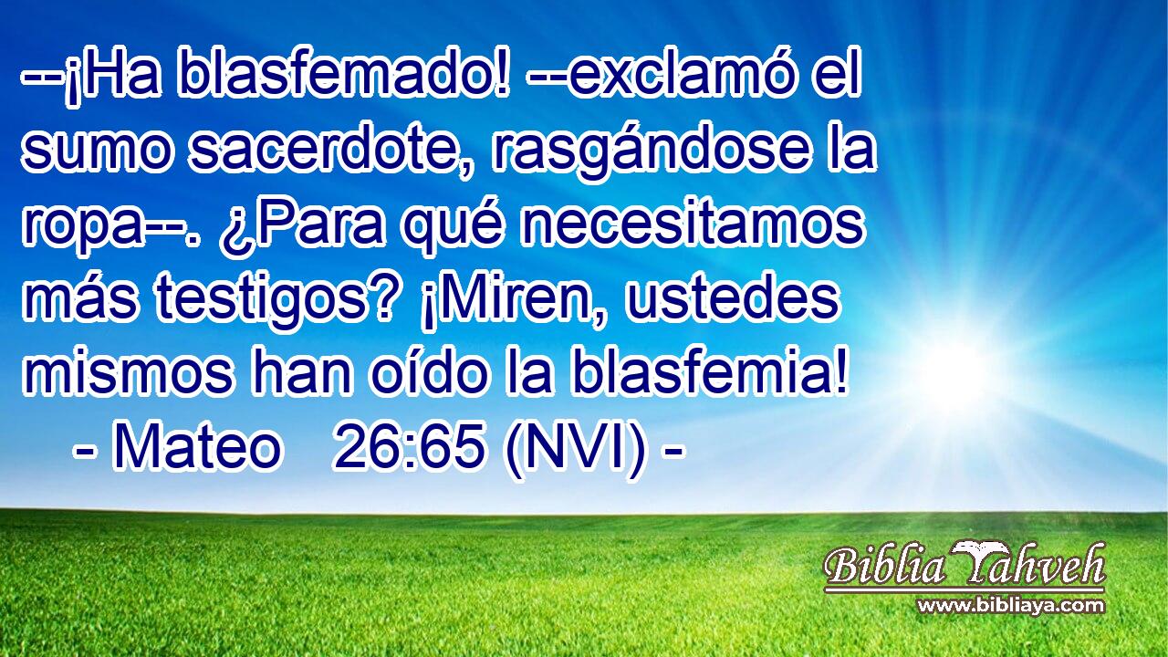  --¡Ha blasfemado! --exclamó el sumo sacerdote, rasgándose la ropa--. ¿Para qué necesitamos más testigos? ¡Miren, ustedes mismos han oído la blasfemia! 