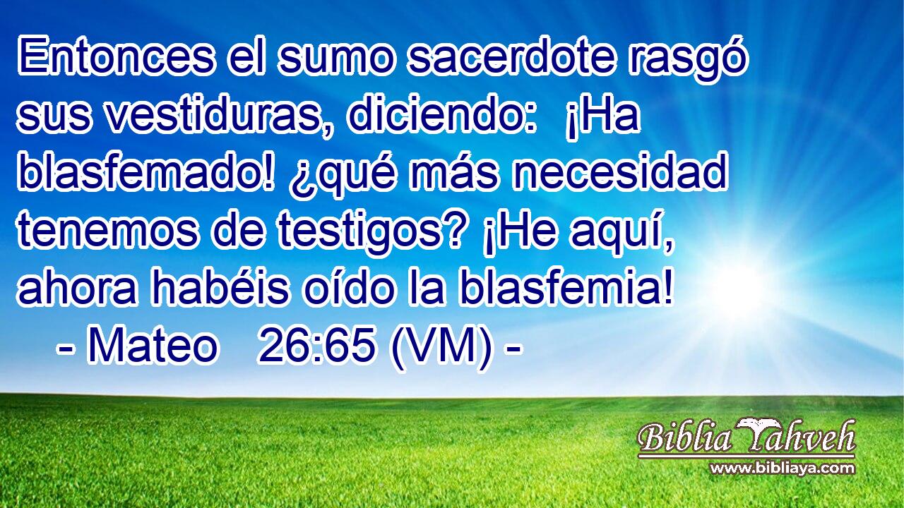  Entonces el sumo sacerdote rasgó sus vestiduras, diciendo:  ¡Ha blasfemado! ¿qué más necesidad tenemos de testigos? ¡He aquí, ahora habéis oído la blasfemia! 