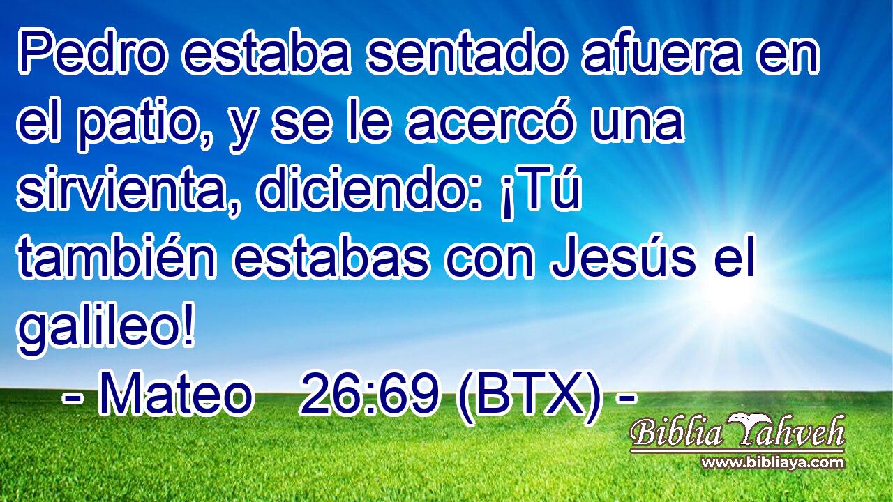 Pedro estaba sentado afuera en el patio, y se le acercó una sirvienta, diciendo: ¡Tú también estabas con Jesús el galileo!