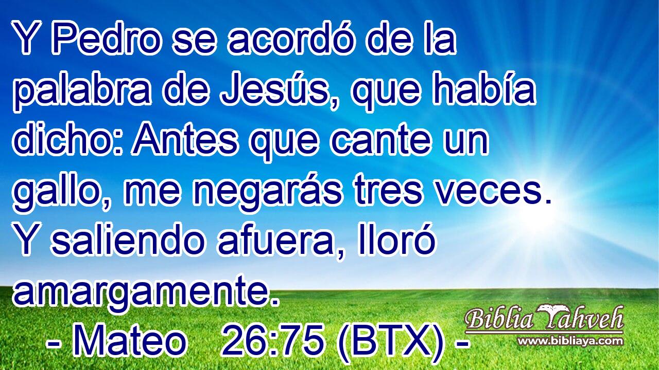 Y Pedro se acordó de la palabra de Jesús, que había dicho: Antes que cante un gallo, me negarás tres veces. Y saliendo afuera, lloró amargamente.