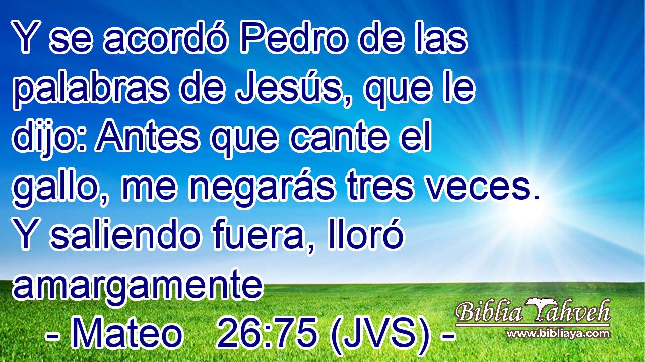 Y se acordó Pedro de las palabras de Jesús, que le dijo: Antes que cante el gallo, me negarás tres veces. Y saliendo fuera, lloró amargamente