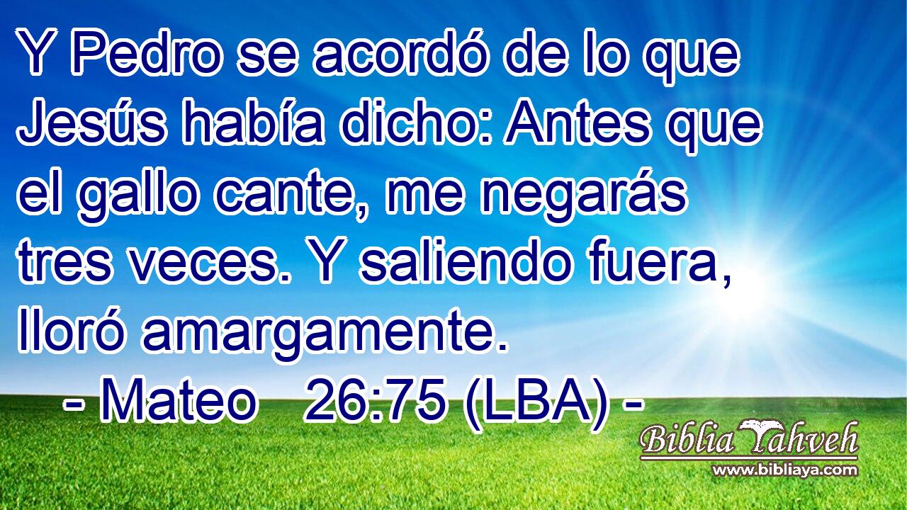 Y Pedro se acordó de lo que Jesús había dicho: Antes que el gallo cante, me negarás tres veces. Y saliendo fuera, lloró amargamente.