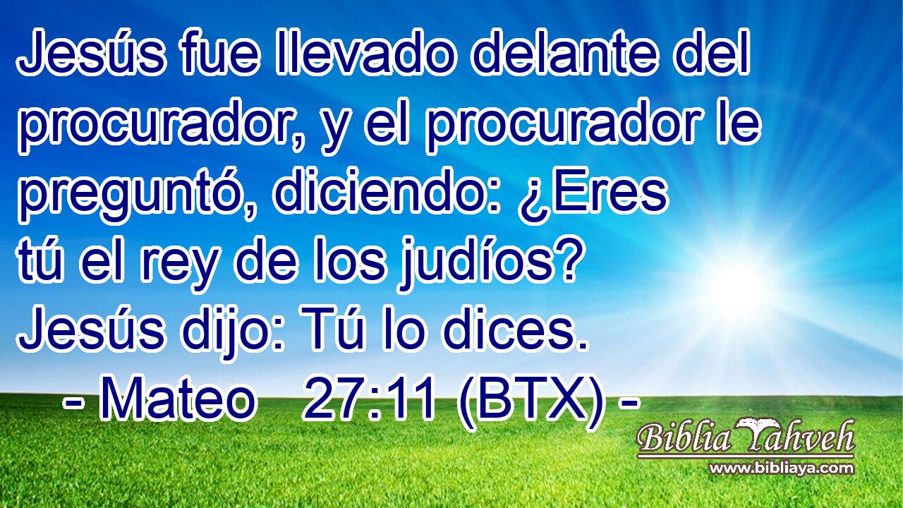 Jesús fue llevado delante del procurador, y el procurador le preguntó, diciendo: ¿Eres tú el rey de los judíos? Jesús dijo: Tú lo dices.