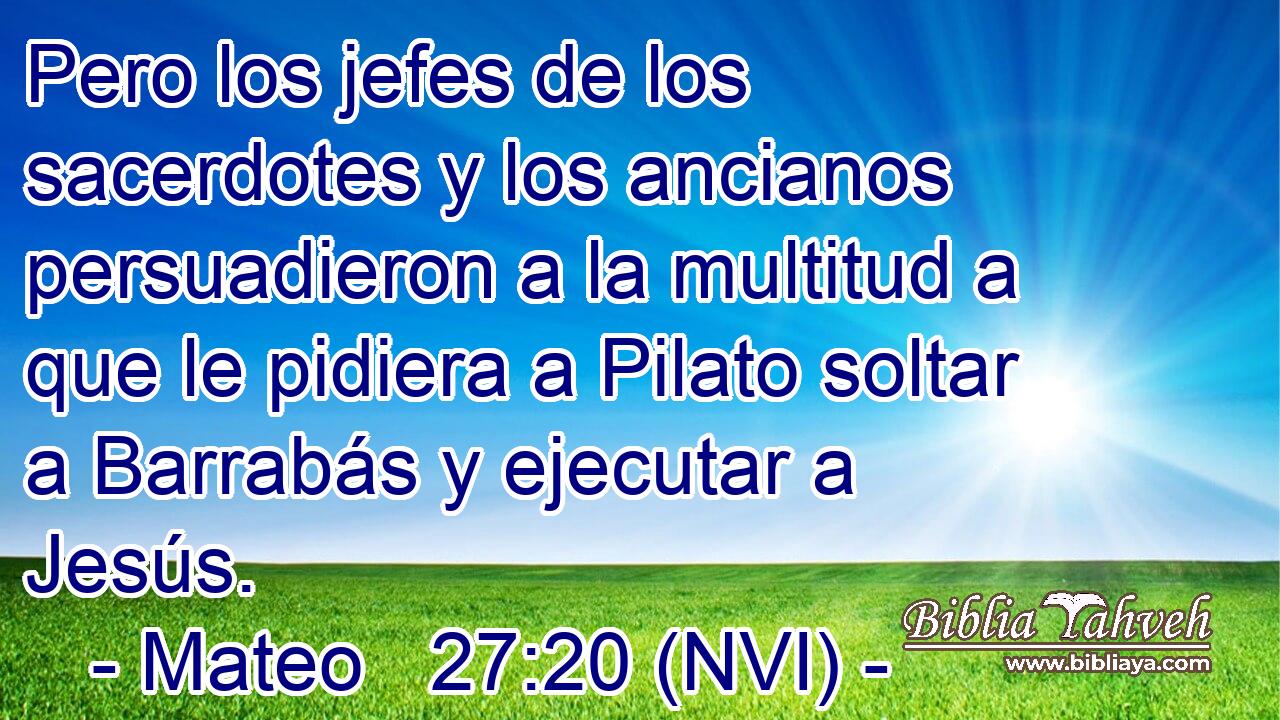  Pero los jefes de los sacerdotes y los ancianos persuadieron a la multitud a que le pidiera a Pilato soltar a Barrabás y ejecutar a Jesús. 
