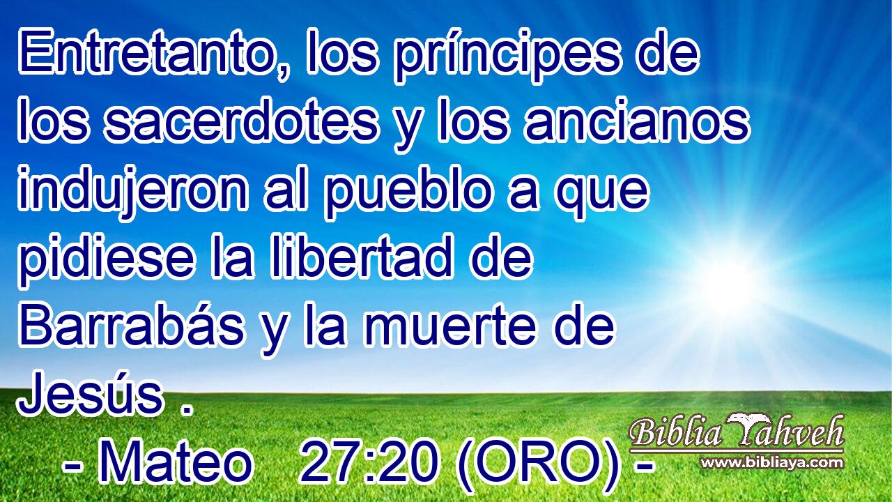  Entretanto, los príncipes de los sacerdotes y los ancianos indujeron al pueblo a que pidiese la libertad de Barrabás y la muerte de Jesús . 