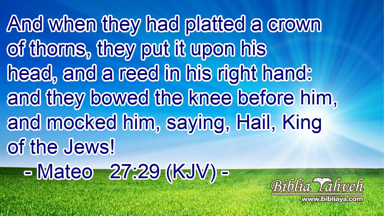 And when they had platted a crown of thorns, they put it upon his head, and a reed in his right hand: and they bowed the knee before him, and mocked him, saying, Hail, King of the Jews!