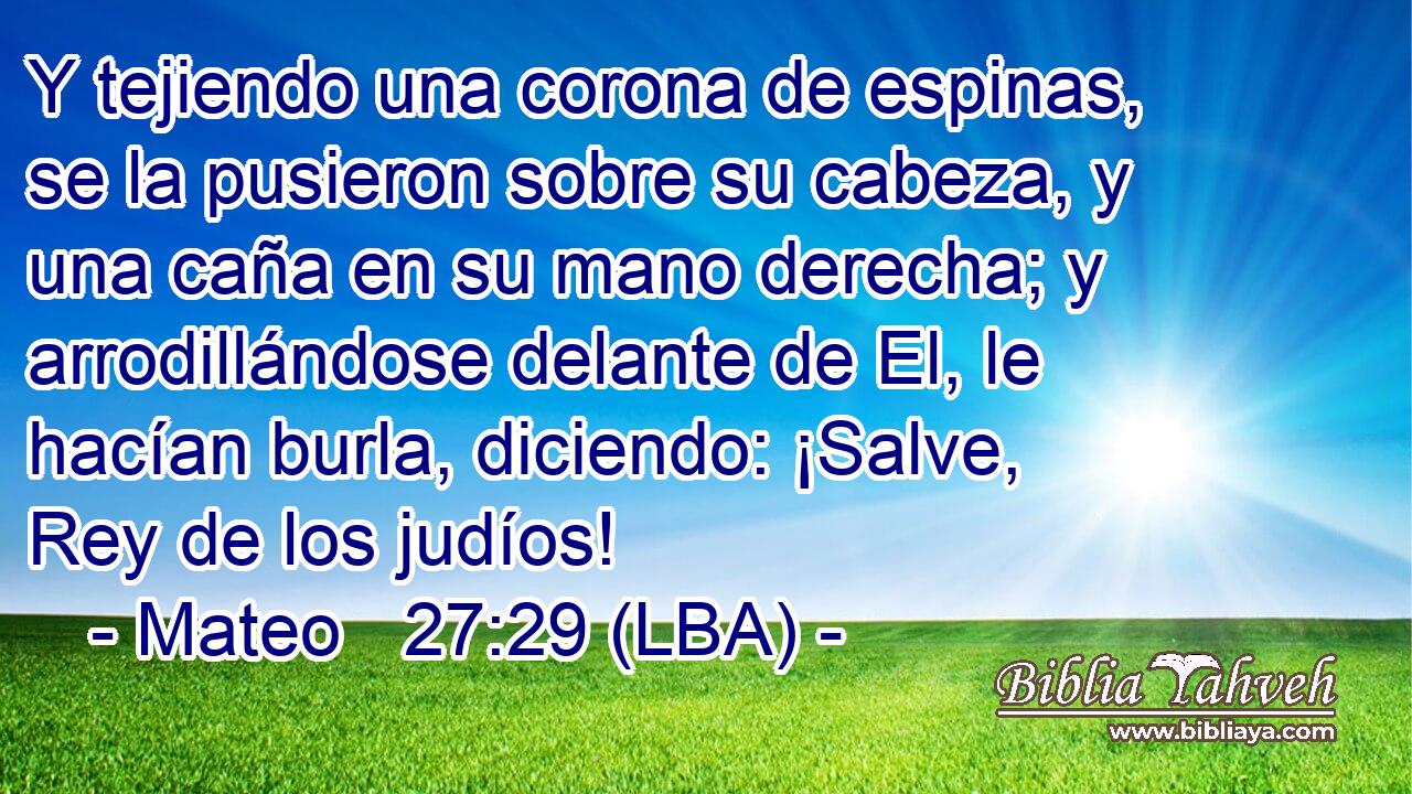Y tejiendo una corona de espinas, se la pusieron sobre su cabeza, y una caña en su mano derecha; y arrodillándose delante de El, le hacían burla, diciendo: ¡Salve, Rey de los judíos!