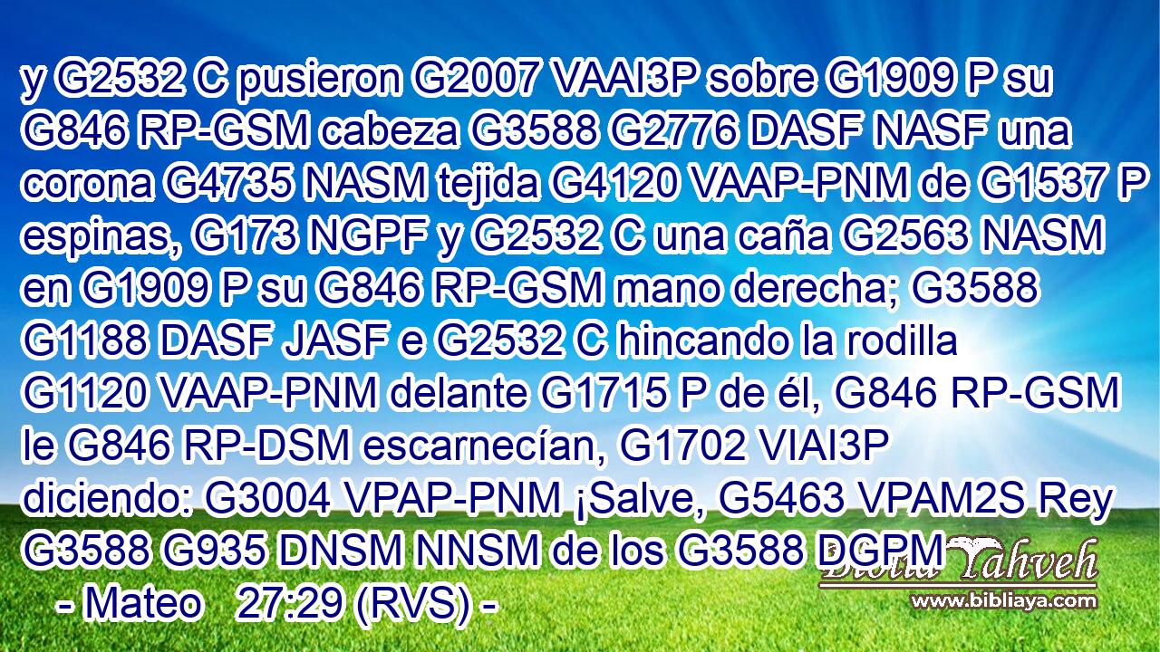 y G2532 C pusieron G2007 VAAI3P sobre G1909 P su G846 RP-GSM cabeza G3588 G2776 DASF NASF una corona G4735 NASM tejida G4120 VAAP-PNM de G1537 P espinas, G173 NGPF y G2532 C una caña G2563 NASM en G1909 P su G846 RP-GSM mano derecha; G3588 G1188 DASF JASF e G2532 C hincando la rodilla G1120 VAAP-PNM delante G1715 P de él, G846 RP-GSM le G846 RP-DSM escarnecían, G1702 VIAI3P diciendo: G3004 VPAP-PNM ¡Salve, G5463 VPAM2S Rey G3588 G935 DNSM NNSM de los G3588 DGPM