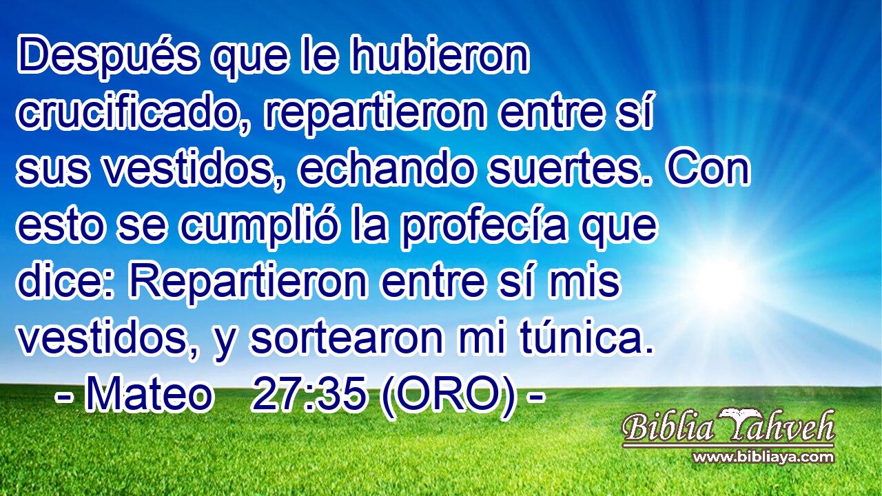  Después que le hubieron crucificado, repartieron entre sí sus vestidos, echando suertes. Con esto se cumplió la profecía que dice: Repartieron entre sí mis vestidos, y sortearon mi túnica. 