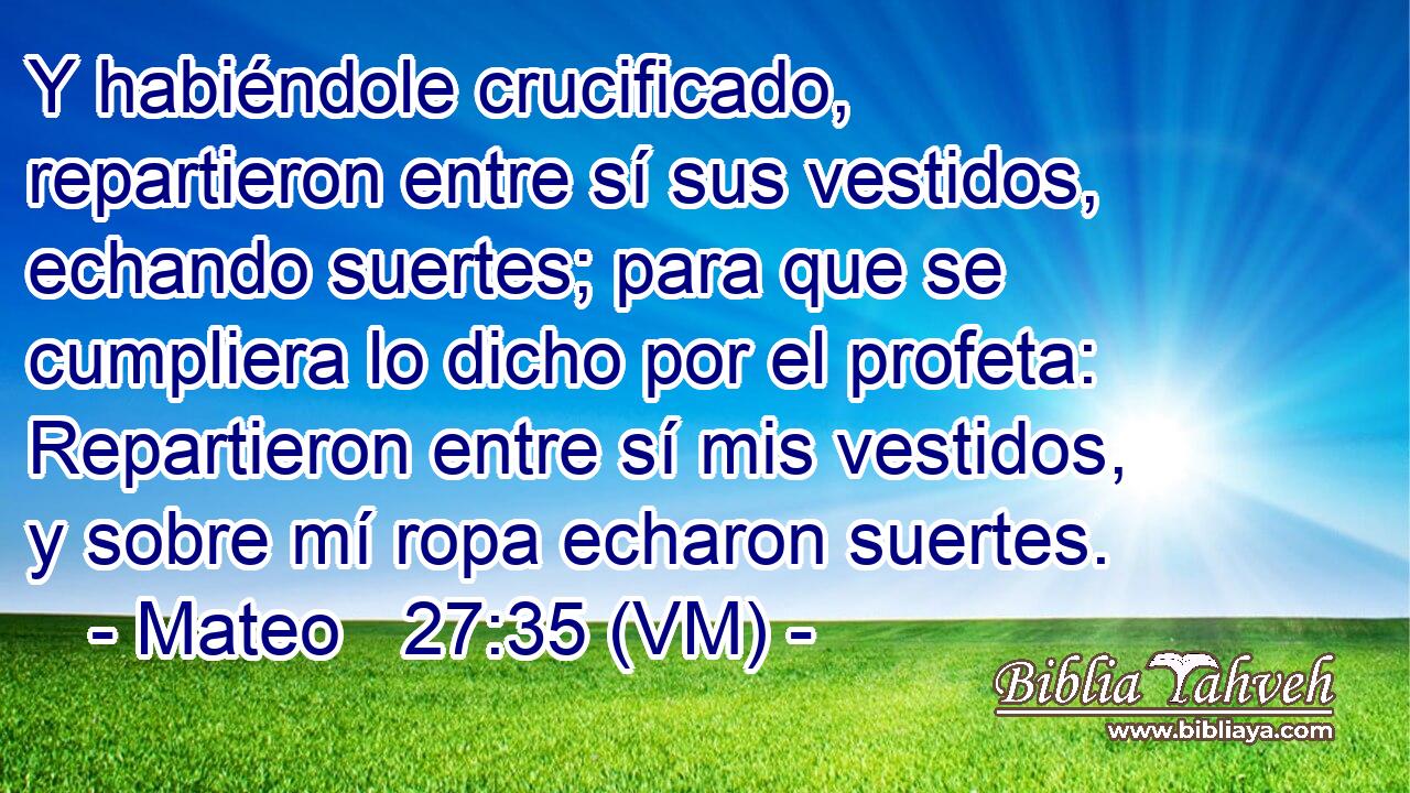  Y habiéndole crucificado, repartieron entre sí sus vestidos, echando suertes; para que se cumpliera lo dicho por el profeta: Repartieron entre sí mis vestidos, y sobre mí ropa echaron suertes. 