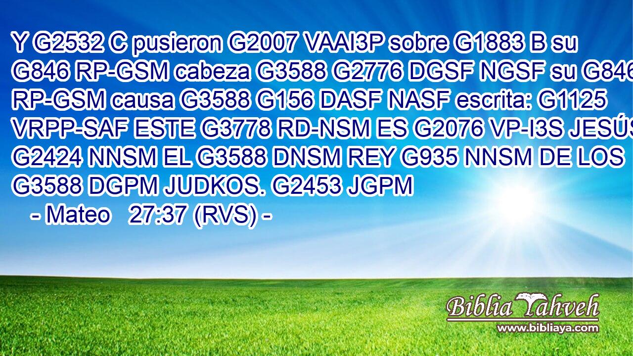 Y G2532 C pusieron G2007 VAAI3P sobre G1883 B su G846 RP-GSM cabeza G3588 G2776 DGSF NGSF su G846 RP-GSM causa G3588 G156 DASF NASF escrita: G1125 VRPP-SAF ESTE G3778 RD-NSM ES G2076 VP-I3S JESÚS, G2424 NNSM EL G3588 DNSM REY G935 NNSM DE LOS G3588 DGPM JUDKOS. G2453 JGPM 