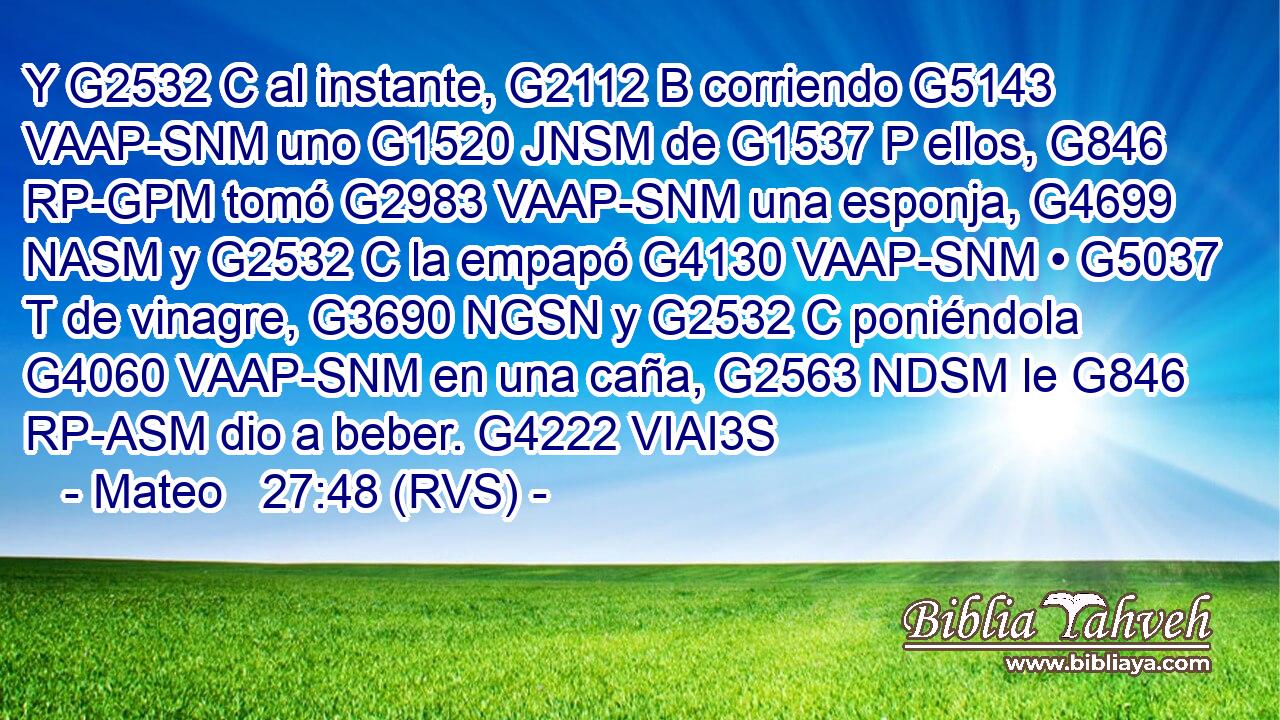 Y G2532 C al instante, G2112 B corriendo G5143 VAAP-SNM uno G1520 JNSM de G1537 P ellos, G846 RP-GPM tomó G2983 VAAP-SNM una esponja, G4699 NASM y G2532 C la empapó G4130 VAAP-SNM • G5037 T de vinagre, G3690 NGSN y G2532 C poniéndola G4060 VAAP-SNM en una caña, G2563 NDSM le G846 RP-ASM dio a beber. G4222 VIAI3S 