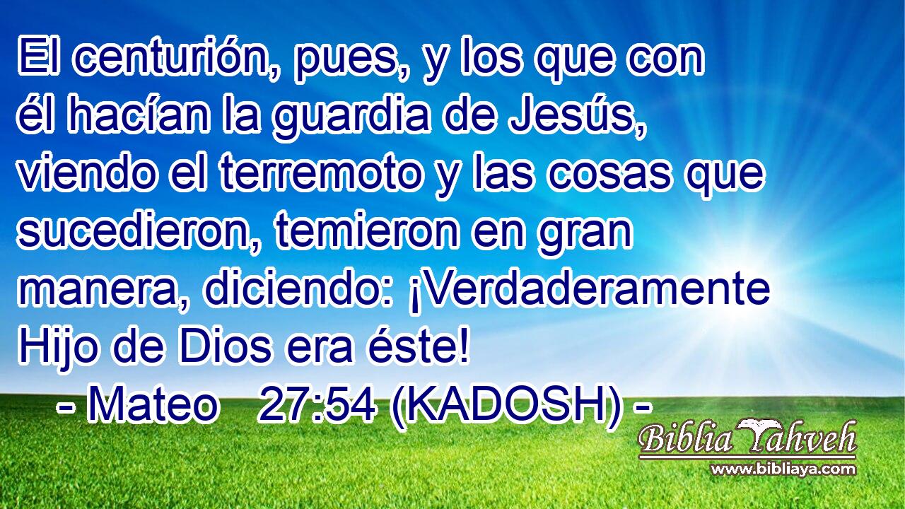  El centurión, pues, y los que con él hacían la guardia de Jesús, viendo el terremoto y las cosas que sucedieron, temieron en gran manera, diciendo: ¡Verdaderamente Hijo de Dios era éste! 