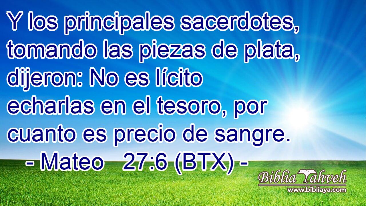 Y los principales sacerdotes, tomando las piezas de plata, dijeron: No es lícito echarlas en el tesoro, por cuanto es precio de sangre.