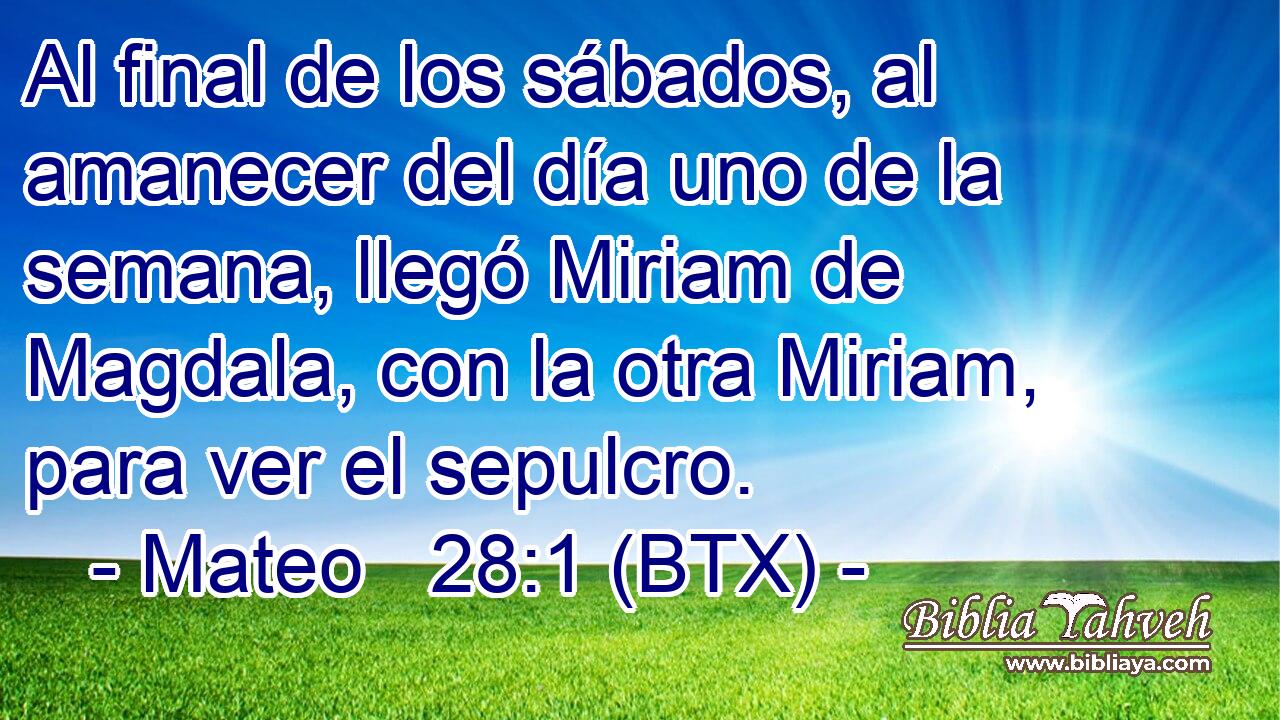 Al final de los sábados, al amanecer del día uno de la semana, llegó Miriam de Magdala, con la otra Miriam, para ver el sepulcro.