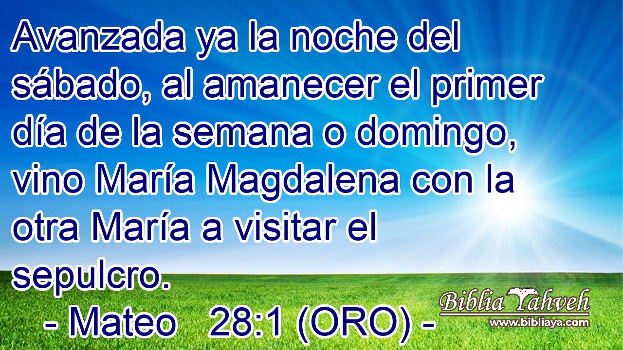  Avanzada ya la noche del sábado, al amanecer el primer día de la semana o domingo, vino María Magdalena con la otra María a visitar el sepulcro. 